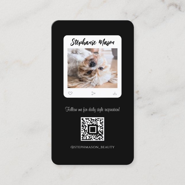 Pet Photographer Modern Social Media Black White Business Card (Front)