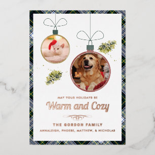Pet Photos Gordon Tartan Christmas Rose Gold Foil Holiday Card