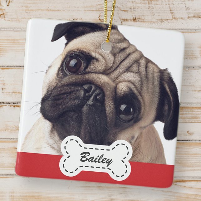 Pet Photos on Cute Dog Bone Add Name Ceramic Ornament (Creator Uploaded)