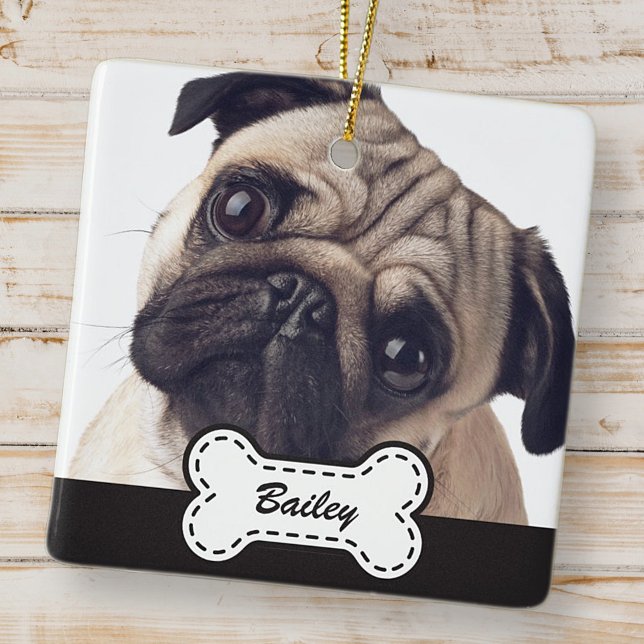 Pet Photos on Cute Dog Bone Add Name Ceramic Ornament (Creator Uploaded)