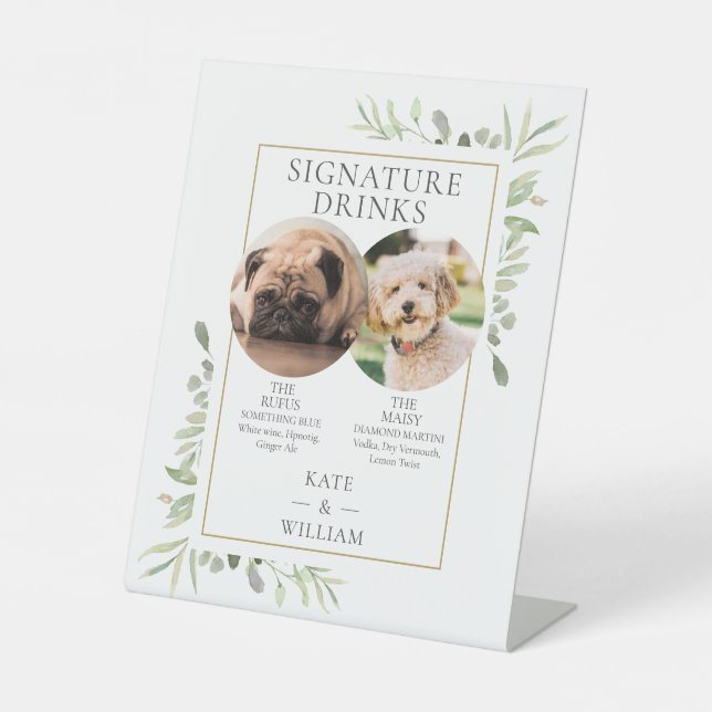 Pet Photos Signature Drinks Greenery Wedding Pedestal Sign (Front)