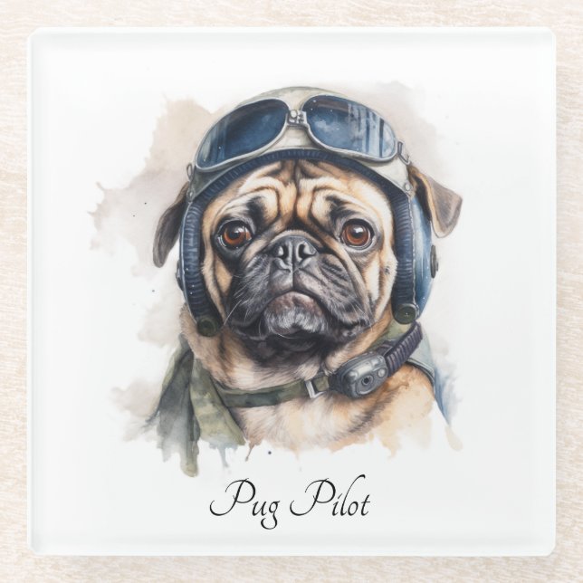 Pet Pilot Pug customisable Glass Coaster (Front)