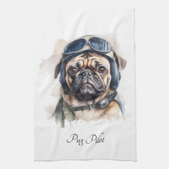 Pet Pilot Pug customisable Tea Towel (Vertical)