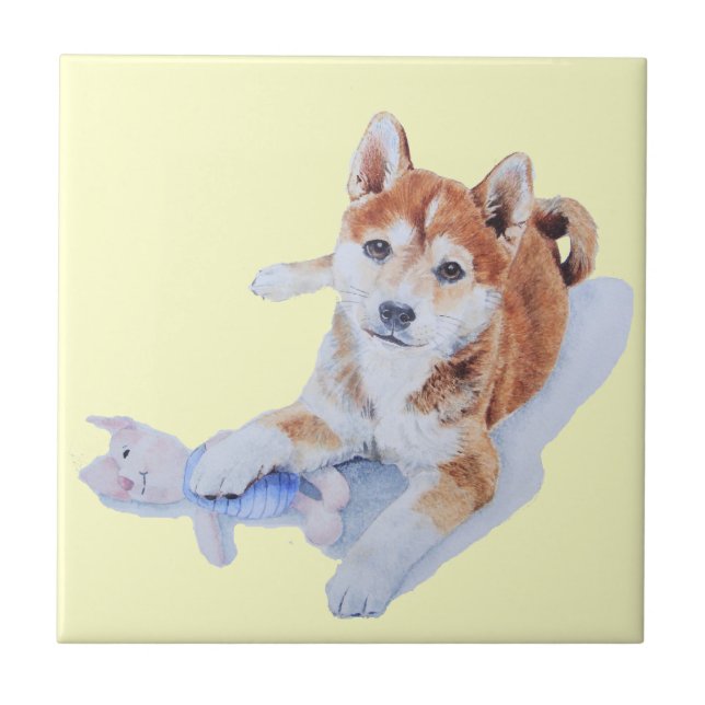 pet portrait painting of cute puppy sheba inu dog tile (Front)
