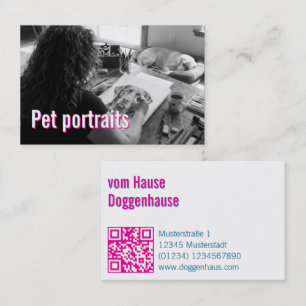 Pet Portraits Service QR Code pink blue Business Card