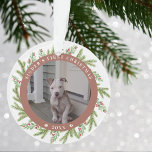 Pet Puppy Dog First Christmas 2 Photos Greenery Ornament<br><div class="desc">Pet owners will be delighted to receive this special ornament for Christmas. It's such a sweet keepsake. This Christmas ornament features winter greenery of red berry and pine wreath with classic typography in the centre of the wreath. 2 of your favourite photos.</div>