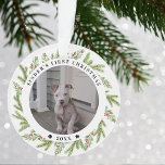 Pet Puppy Dog First Christmas 2 Photos Greenery Ornament<br><div class="desc">Pet owners will be delighted to receive this special ornament for Christmas. It's such a sweet keepsake. This Christmas ornament features winter greenery of red berry and pine wreath with black classic typography in the centre of the wreath. 2 of your favourite photos.</div>