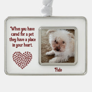 Pet Quote Red Pawprint Filled Heart Shape and Name Silver Plated Framed Ornament