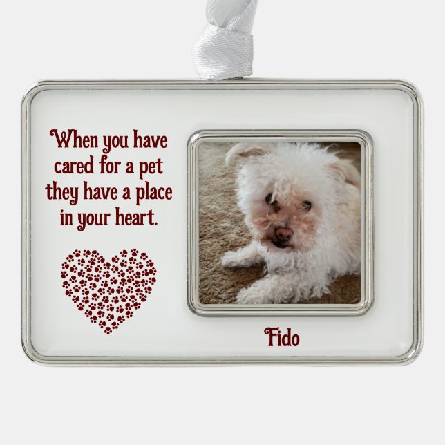 Pet Quote Red Pawprint Filled Heart Shape and Name Silver Plated Framed Ornament (Front)