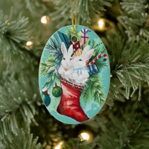 Pet Rabbit Photo Name Bunny Stocking Vintage Xmas  Ceramic Tree Decoration