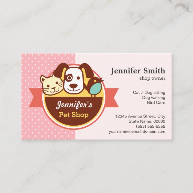 Pet Shop - Pink Polka Dots Business Card (Front)