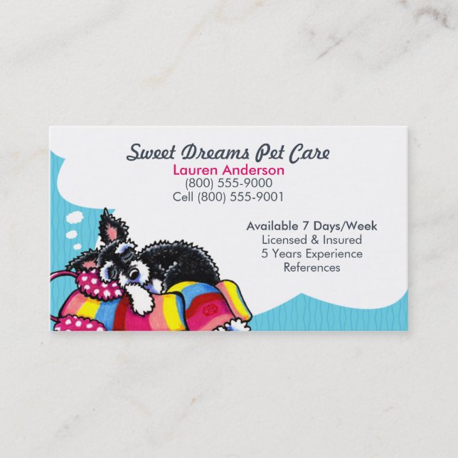 Pet Sitter Care Business Schnauzer Puppy Blue Business Card (Front)