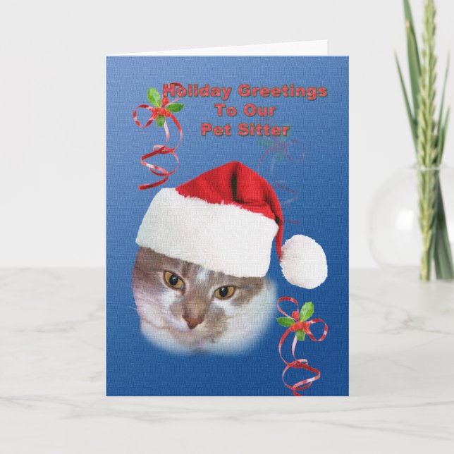 Pet Sitter, Christmas, Cat in Santa Hat Holiday Card (Front)