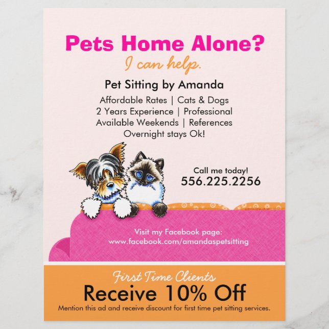 Pet Sitter Coupon Ad Yorkie Cat Couch Pink Flyer (Front)
