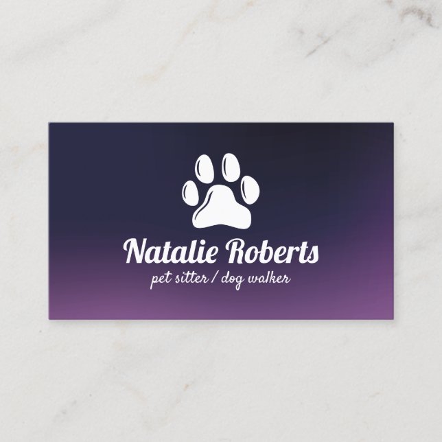 Pet Sitter Dog Walker Cute Paw Logo Purple Business Card (Front)