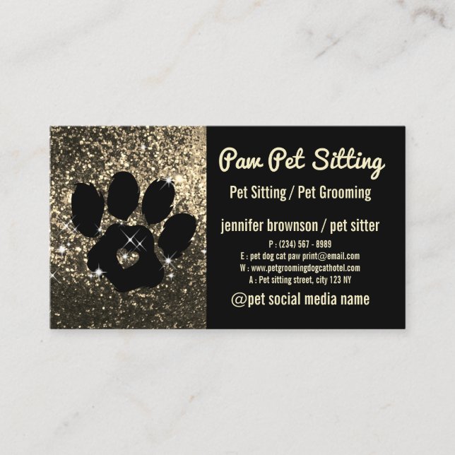Pet Sitter Grooming Glitter gold Black Dog Cat Paw Business Card (Front)