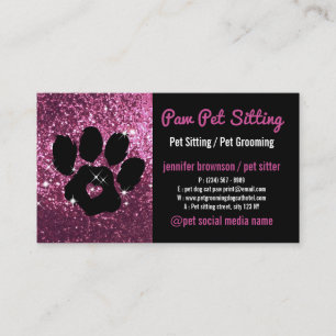 Pet Sitter Grooming Glitter rose Black Dog Cat Paw Business Card