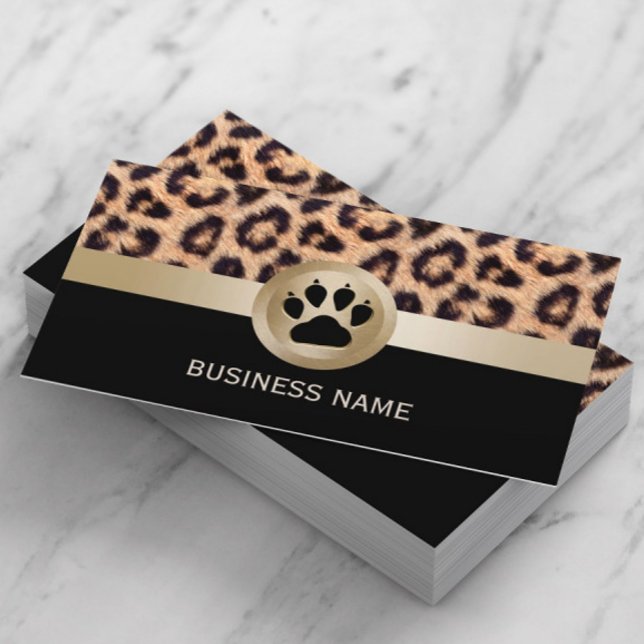 Pet Sitter Monogram Paw Modern Leopard Print Business Card (Creator Uploaded)