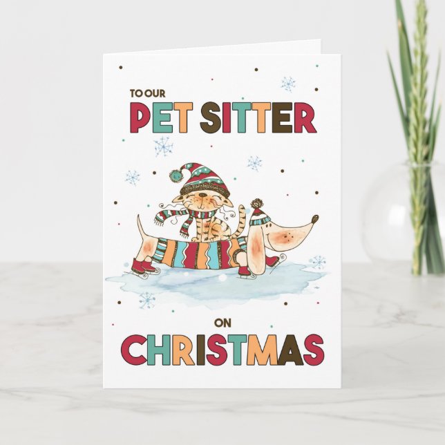 Pet Sitter on Christmas Wiener Dog and Cat Holiday Card (Front)