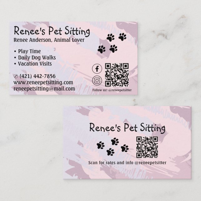 Pet Sitter Pink Paint QR Code Business Card (Front/Back)