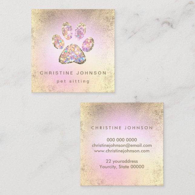 pet sitter simulated glitter paw square business card (Front/Back)