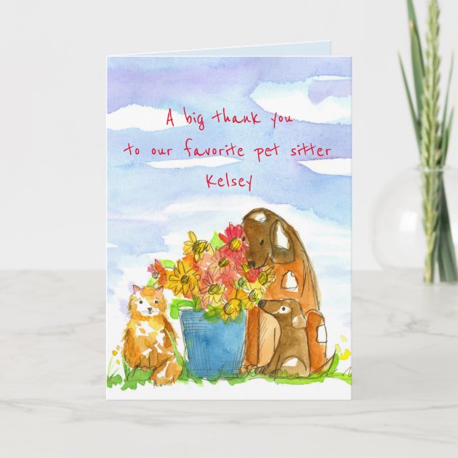 Pet Sitter Thank You Cats Dogs Flowers Card (Front)