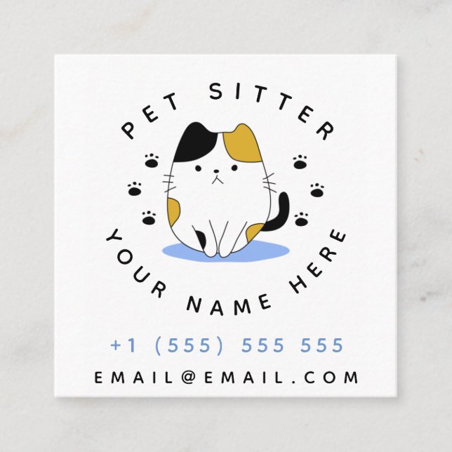 Pet Sitter Walker Cute Adorable Cat Animal Hotel   Square Business Card (Front)
