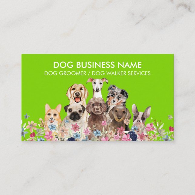Pet Sitter Walker dog care groom neon green Business Card (Front)