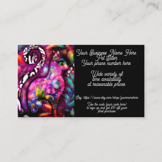 Pet Sitter Whimsical Abstract Floral Kitty Cat Business Card (Front)