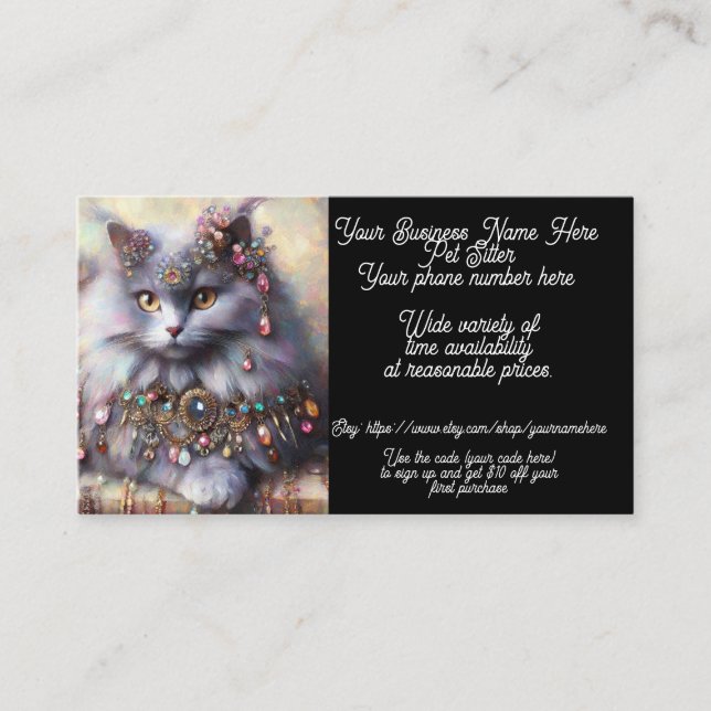 Pet Sitter Whimsical Grey Kitty Cat Jewellery Business Card (Front)