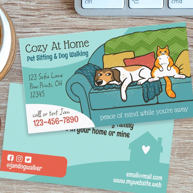 Pet Sitting Animal Care Funny Dog and Cat on Couch Business Card (Creator Uploaded)