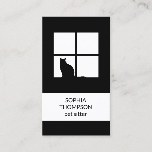 Pet Sitting Black White Cat Modern Plain Vertical Business Card (Front)