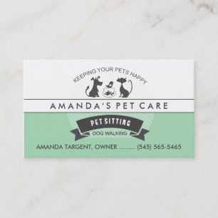Pet Sitting & Care Green & White Retro Design Business Card