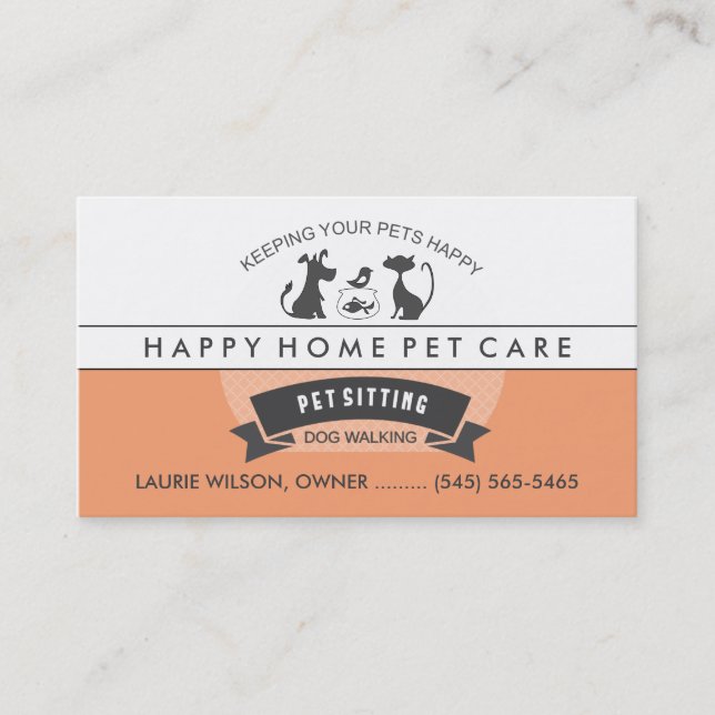 Pet Sitting & Care Orange & White Retro Design Business Card (Front)