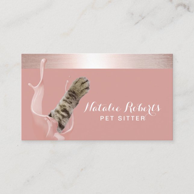Pet Sitting Cute Cat Paw Rose Gold Stripe Business Card (Front)