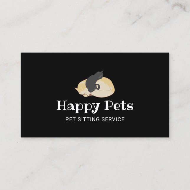 Pet Sitting Cute Dog & Cat Logo Pet Care Black Business Card (Front)