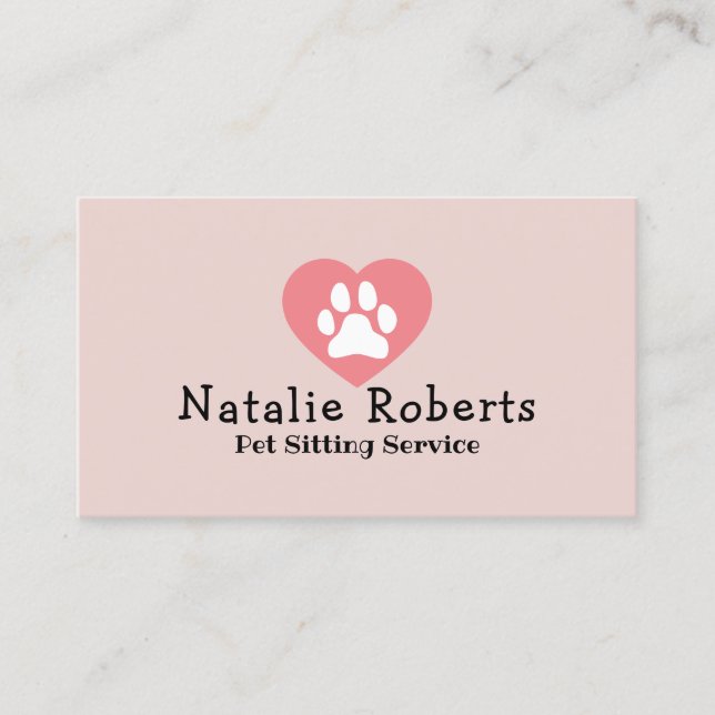 Pet Sitting Cute Paw Heart Logo Blush Pink Business Card (Front)