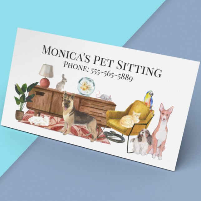 Pet Sitting Dog Cat Training Watercolor Pets Business Card (Creator Uploaded)