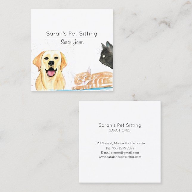 Pet Sitting Dog Cat Training Watercolor Square Business Card (Front/Back)