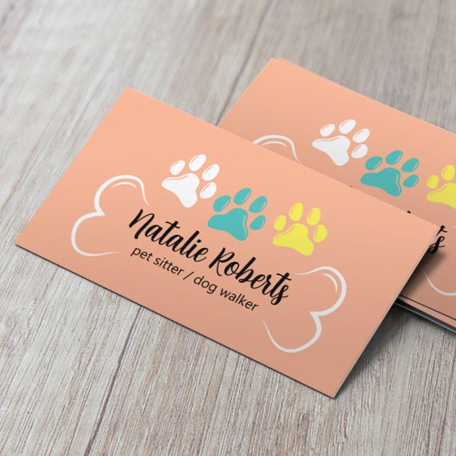 Pet Sitting Dog Walker Cute Paws Peach Colour Business Card (Creator Uploaded)