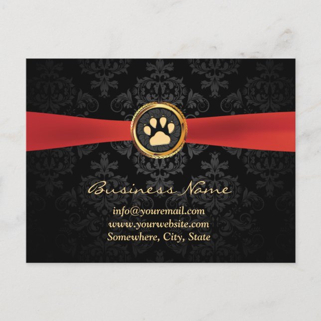 Pet Sitting Gold Paw & Red Ribbon Elegant Damask Postcard (Front)