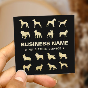 Pet Sitting Modern Black & Gold Dog Groomer Square Business Card