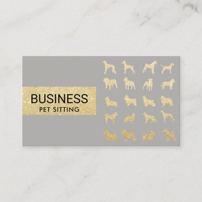 Pet Sitting Modern Gold Silver Dogs Silhouettes Business Card (Front)