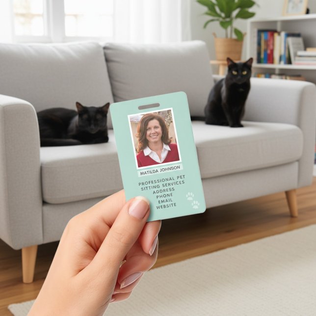 Pet Sitting Paw Print Photo Identification Badge ID Badge (Upload your photo and add your details to this paw print id badge. Purrfect for pet sitters!)