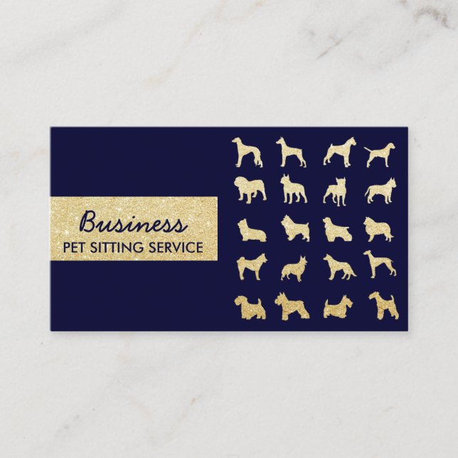 Pet Sitting Pet Care Navy & Gold Dogs Silhouettes  Business Card (Front)