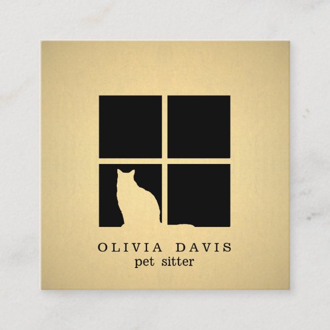 Pet Sitting Services Black and Gold Faux Metallic Square Business Card (Front)