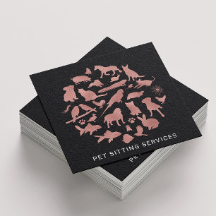 Pet Sitting Services Rose Gold & Black Square Business Card