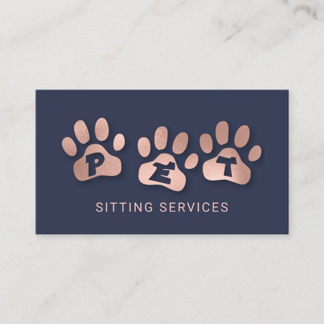 Pet Sitting Services Rose Gold & Navy Business Card (Front)