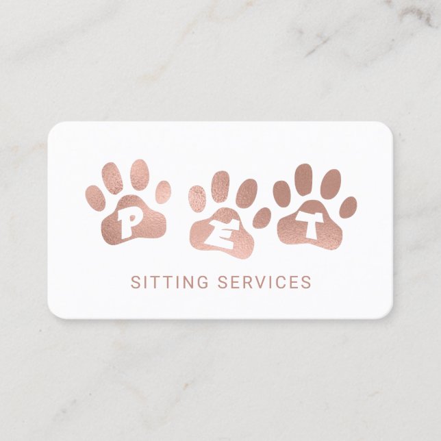 Pet Sitting Services Rose Gold & White Business Card (Front)