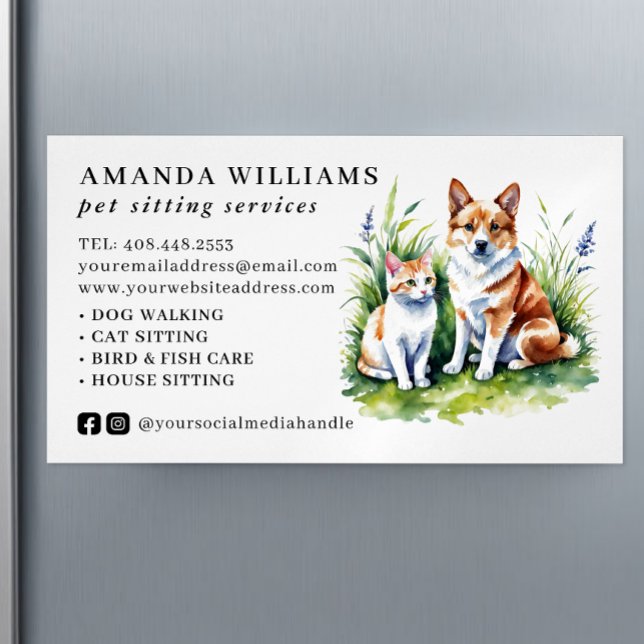 Pet Sitting Services Watercolor  Magnetic Business Card (Creator Uploaded)
